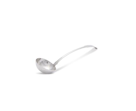 A GEORGE III SILVER FIDDLE PATTERN SOUP LADLE, Edinburgh c.1815, maker's mark of James Newlands (c.7 troy ozs). 34cm long