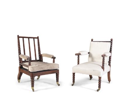 AN IRISH MAHOGANY BOBBIN-TURNED ARMCHAIR, by Williams and Gibton, c.1835, stamped with markers mark, with loose swab cushion 
