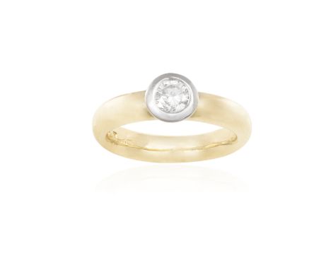 A DIAMOND SINGLE-STONE RING, the round brilliant-cut diamond within collet-setting, to a plain 18K yellow gold hoop, ring siz