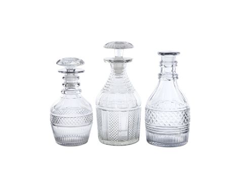 A GEORGE III TRIPLE RING NECK DECANTER AND STOPPER, with facet cut shoulder above a narrow band of prismatic cut diamonds and