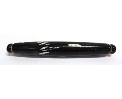 AN OLIVE BLACK GLASS ROLLING PIN  probably Nailsea, with decorative white flecks, 38cm long.