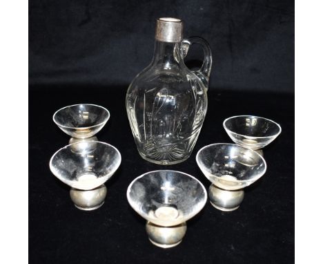 SILVER MOUNTED GLASS WHISKEY JUG  Together with five small 925 stand glass bowls, the jug with Sheffield Hallmarked silver co