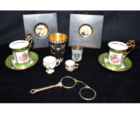 A MIXED COLLECTION  including a Russian white metal and enamel beaker, a black ground cloisonne beaker, lorgnettes, pair of L