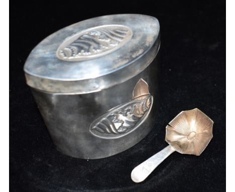 EDWARDIAN SILVER CADDY  With silver caddy spoon the caddy with embossed pattern to side and lid, hallmarked for Sheffield 190