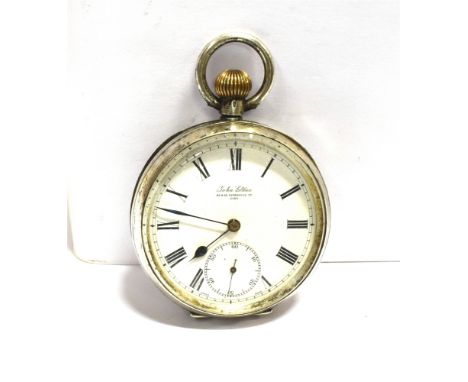 JOHN ELKAN SILVER CASED OPEN FACE POCKET WATCH the signed white enamel dial with black Roman numerals, blue cathedral hands, 