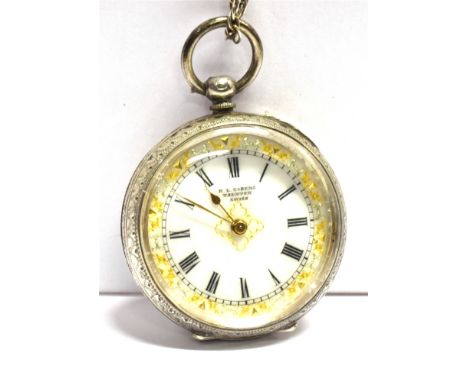 RL COZENS TAUNTON LADIES  Silver open face pocket watch and chain, signed white enamel with gilt batons and patterned border 