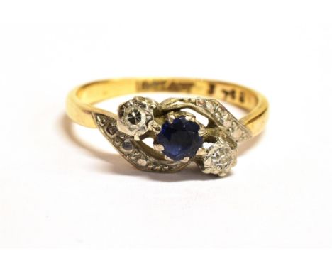 VINTAGE STAMPED 18CT DIAMOND AND SAPPHIRE CROSS OVER RING Ring size J ½ - K, weight 2.5g