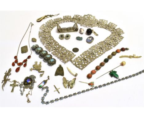 A COLLECTION OF VINTAGE COSTUME JEWELLERY to include silver, butterfly wing, malachite and marcasite