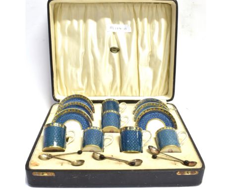 VINTAGE BOXED SIX PIECE COFFEE SET WITH SIX SILVER COFFEE SPOONS Sold as seen No condition report available on this lot