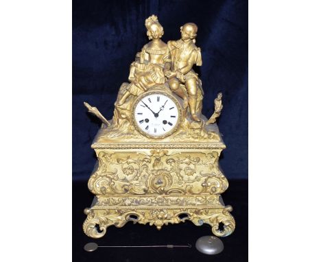 A LARGE 19TH CENTURY FRENCH FIGURAL MANTLE CLOCK  the 8-day Vincenti et Cie. movement striking on a bell, enamel dial with Ro