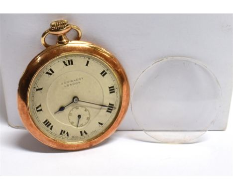 J.C VICKERY LONDON 9CT GOLD CASED OPEN FACED POCKET WATCH The watch with signed grey dial, black roman numerals, sub dial, bl