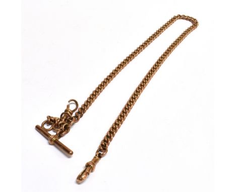 STAMPED 9.375 ROSE METAL ALBERT CHAIN The chain comprising of curb link, T-bar and lobster clasp, chain marked 9, lobster cla