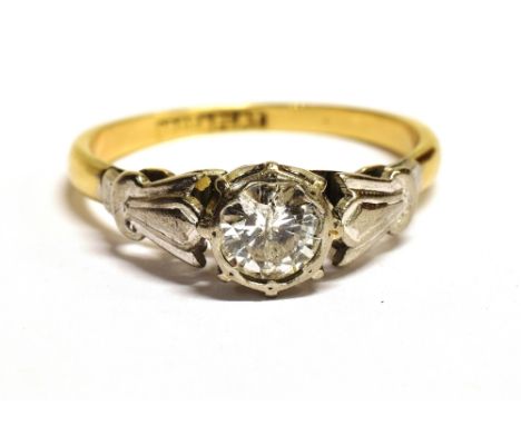 VINTAGE STAMPED 18CT &amp; PLAT DIAMOND SOLITAIRE RING  the round cut diamond measuring at least 4.5mm in diameter set in a f