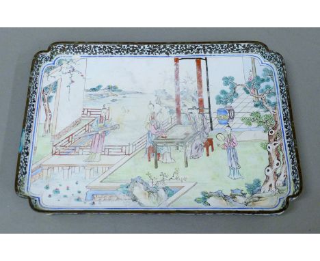 An early 19th century Chinese enamel tray. 28 cm long.