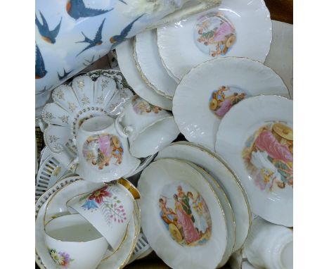 Two boxes of various decorative porcelain including Wedgwood and Copeland and a porcelain table lamp.  Table lamp 44 cm high 