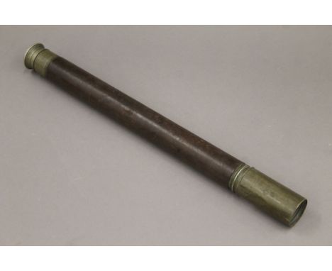 A brass and leather single drawer Officer of the Watch marine telescope by T Cooke and Sons Ltd stamped with arrow mark. 63 c