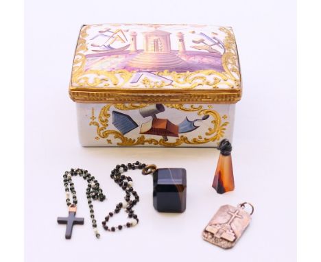 An 18th century gilt metal mounted enamel box with Masonic decoration; together with two agate seals, a small silver pendant 
