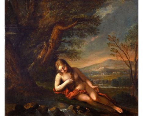 wohl niederländischer Meister, um 1680 - 1720,  Badende ihr Spiegelbild im Fluss betrachtend, rechts der offene Blick in eine