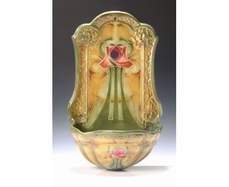 Handwaschbecken, Mehlem Bonn, um 1900, Jugendstil,  Feinsteingut mit grünem und rotem stiltypischen Dekor, altersbedingt sehr