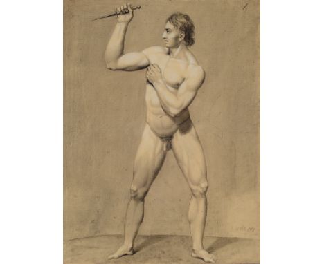 Zuschreibung: Charles Francois Mayer, gest. 1849 Paris,  Männlicher Akt mit Messer, Bleistiftzeichnung auf Papier, weiß gehöh