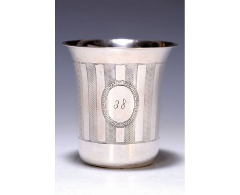 Becher, deutsch, um 1900, 800er Silber,  mit feinen guillochierten Längsstreifen, in Kartusche graviert: 38, H. ca. 8.5cm, ca
