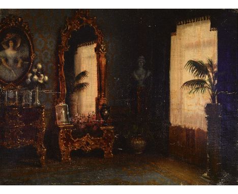 Jenö Friedlinger, geb. 1890, ungarischer Maler,  Interieur mit Rokokomöbeln, Büste und Palme, Öl/Lwd, links unten signiert, c