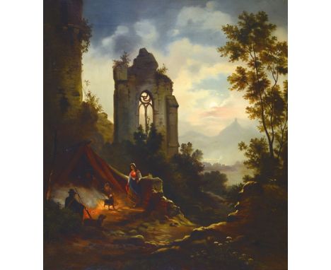 Unbekannter Maler in der Tradition der Romantik, deutsch, um 1850/60,  Ruinenlandschaft gibt den Blick auf ein Vollmond besch