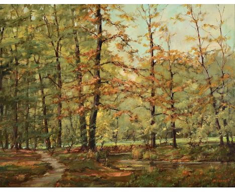 Hermann Correll, 1905-1976 Neustadt an der Weinstraße,  Herbstlicher Wald mit Weg und Bach, Öl/Lwd, rechts unten signiert, ca