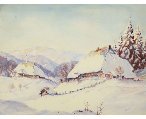 Schubert, Maler der 1930er/1940er Jahre,  Häuser im Schnee, Aquarell über Bleistift auf Papier, rechts unten signiert, ca. 46