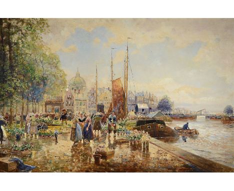 Franz Max Richter-Reich, 1896 Berlin-1950 Hamburg,  Holländischer Blumenmarkt an der Gracht, Öl/Lwd, rechts unten signiert, c