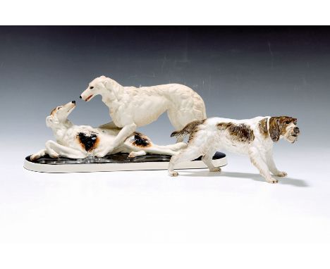 2 Figuren von Rosenthal, um 1940,  1x 2 Windhunde, Rosenthal Keramik, bemalt, ca. 17x36x11cm; 1x Jagdhund, Porzellan, bunt be