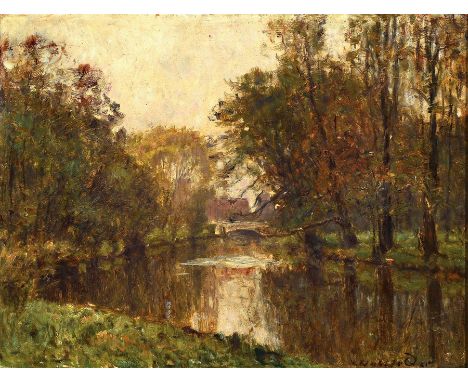 Leo Hohlfeld, 1872 Waren-1951 Dessau,  Landschaft mit Baum bestandenem Bachlauf im Herbst, Öl/Malkarton, rechts unten signier