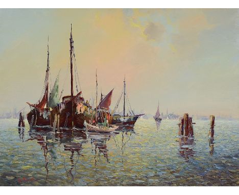 Carol Sprée, geb. 1907,  Fischerboote vor dem Hafen, Öl/Lwd, expressive Malerei mit kräftigem Pinselduktus und pastosem Farba