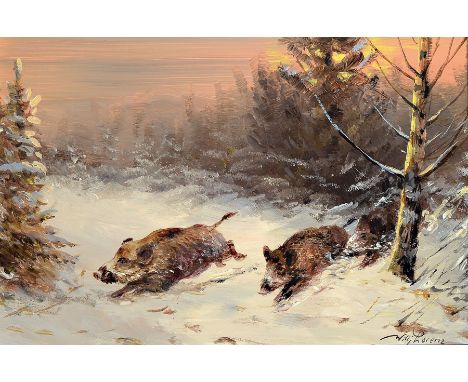 Willy Lorenz, 1901 Köln-1981,  bekannter deutscher Tier- und Landschaftsmaler, hier: Wildschweine im verschneiten Winterwald,