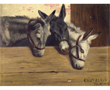 Knut Oeren, Münchener Maler und Grafiker, um 1900,  drei Esel schauen über den Zaun, Öl/Holz, rechts unten signiert, kleine F