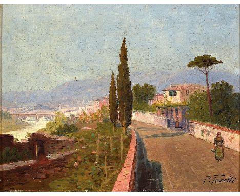 Pietro Toretti, 1888-1927 Italien,  Person auf einer höher gelegenen Straße entlang eines Flusses, wohl Italien, Öl/ Holz, re