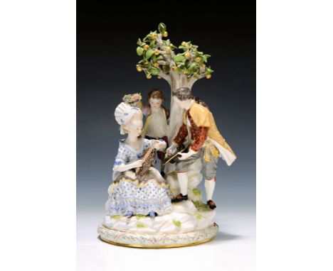 Porzellangruppe, Meissen, Entwurf Michel Victor Acier um 1772, Ausführung um 1880/90,  'Gärtnergruppe am Baum', galantes Paar