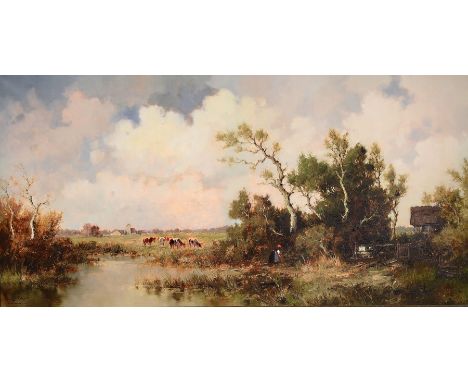Ernst Bröcker, 1893-1963 München,  Weidende Kühe im Dachauer Moos, im Hintergrund ein Dorf, Öl/Lwd, links unten signiert, ca.