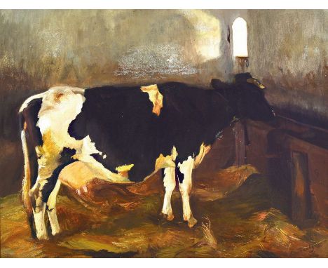 Charles Tooby, 1863 London - 1918,  Kuh an der Tränke im Stall, im diffusen Licht und Gegenlicht gemalt, hohe Stofflichkeit, 