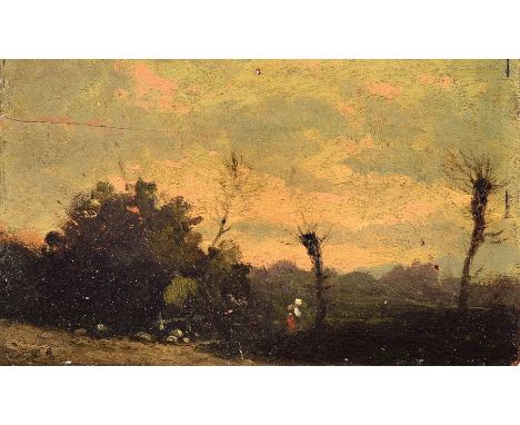 Unbekannter Künstler, Schule von Barbizon, Frankreich, um 1900,  Abendrot über Baum bestandener Landschaft, eine Bäuerin auf 