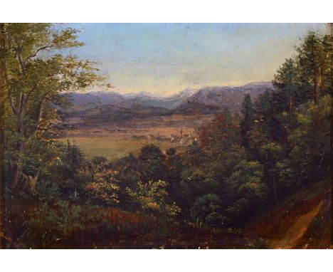 Unbekannter Maler, deutsch, 2. Hälfte 19. Jh.,  Blick von einer Anhöhe in weite Landschaft, im Hintergrund ein Gebirgszug, Öl