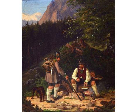 Unbekannter Künstler, datiert 1851,  drei Jäger oder Wilderer am Lagerfeuer, Öl/Lwd, lasierende Malerei mit großer Varianz in