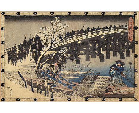 Japanischer Farbholzschnitt von Hiroshige, um 1840,  verschneite Landschaft, zwei Männer legen mit einem Boot unter der Brück