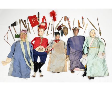 FIVE CHINESE MARIONETTE PUPPETS, LATE QING DYNASTY/EARLY 20TH CENTURY. With painted wooden and composition heads, articulated