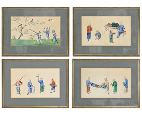 SET OF FOUR CHINESE RICE PAPER PAINTINGS, 19TH CENTURY, depicting different figurative scenes: hunting birds; eating watermel