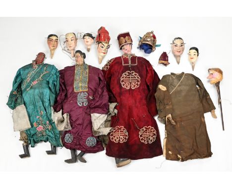 THREE CHINESE MARIONETTE PUPPETS AND ASSORTED MARIONETTE HEADS, LATE QING DYNASTY/EARLY 20TH CENTURY. The puppets with painte