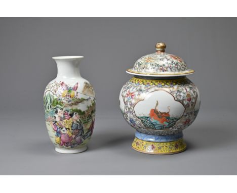 TWO CHINESE POLYCHROME DECORATED PORCELAIN ITEMS, 20TH CENTURY. To include a globular pot and cover with deep foot decorated 