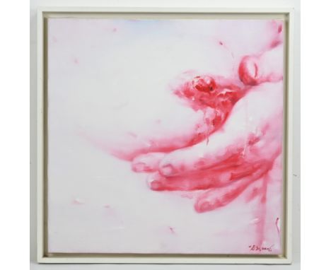 XIAO PING (Chinese, c.1959) - Hand holding a breast (2006), oil on canvas, signed and dated lower right, 50 x 50 cm, in paint