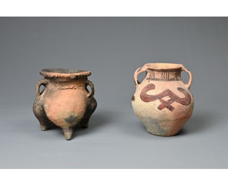 TWO CHINESE NEOLITHIC POTTERY ITEMS. To include a cooking vessel with three wide udder-shaped legs allowing it to be stood in