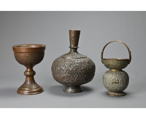 A LATE 19TH/EARLY 20TH CENTURY INDO-PERSIAN TINNED COPPER VASE, A BRASS GLOBULAR HANDLED VASE AND A FOOTED CUP-SHAPED INCENSE